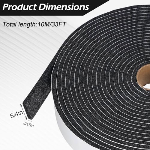 33 Ft Gray Weather Stripping Door Seal 1-1/4inch Wide 3/16inch Thick Adhesive Felt Tape for Doors and Windows Reusable Soundproof Felt Strip for Absorbing Water Condensation Moisture