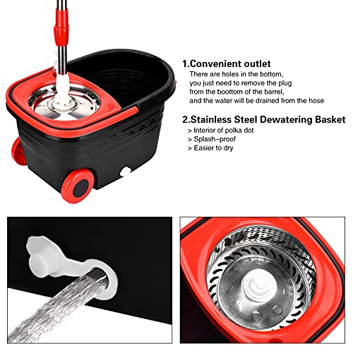 Mop Bucket Set, 360 Spin Stainless Steel Spin Mop Bucket System with 3 Mop Heads, for Floor Cleaning - color: Black Red