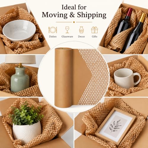 Honeycomb Packing Paper, Bubble Cushioning Wrap Alternative for Moving & Gift Wrapping, Includes 20 Fragile Sticker Labels (12Inchx200Feet) - size: 12Inchx200Feet