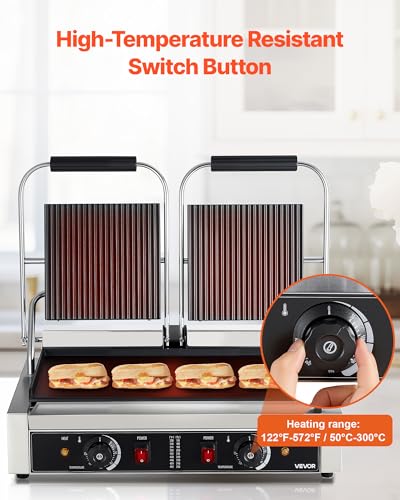 VEVOR Commercial Panini Grill, 3600W Electric Sandwich Panini Maker, Stainless Steel Double Sandwichs Press Grill with Handle and Temp Control, 19x9 in Flat Enamel Plate for Hamburger Steak Bacon