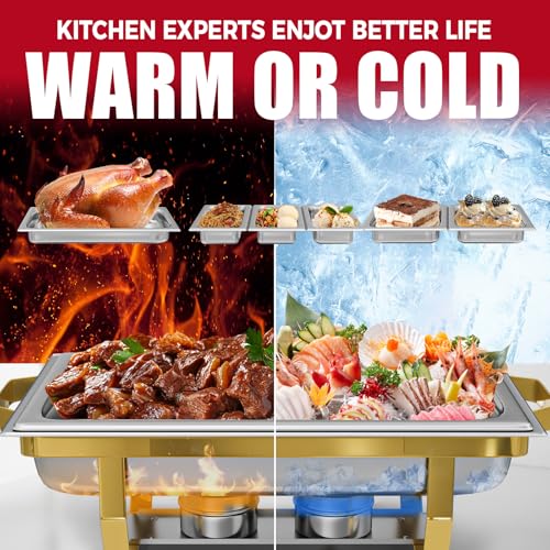 IMACONE 4 Pack Chafing Dish Buffet Set, 8QT Stainless Steel Rectangular Gold Frame Chafers and Buffet Warmer Sets 7 Pans Rolled-Edge Design for Catering Event Party Holiday - color: Gold Frame, size: 4-Pack Combo