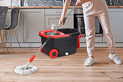Mop Bucket Set, 360 Spin Stainless Steel Spin Mop Bucket System with 3 Mop Heads, for Floor Cleaning - color: Black Red