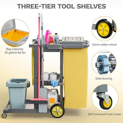 DWVO 3-Tier Janitorial Cart on Wheels, Grey Cleaning Housekeeping Cart - color: Gray