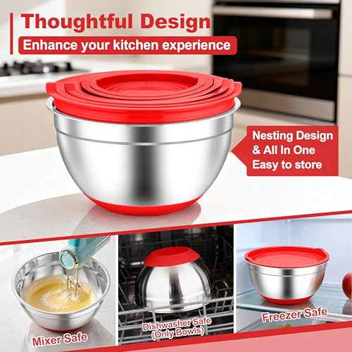 TeamFar Mixing Bowls, Stainless Steel Salad Bowls with Lids - Red - color: Red