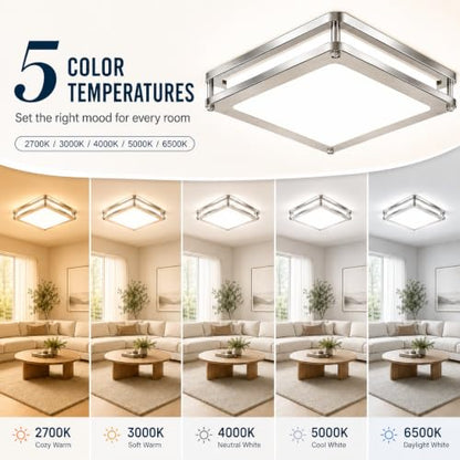 12Inch 36W Square LED Flush Mount Ceiling Light Fixture (450W Equiv), 3600LM Modern Dimmable LED Ceiling Lights, 2700K-6500K 5CCT Adjustable Brushed Nickle Ceiling Lamp for Living Room Kitchen, 1 Pack - color: Brushed Nickle, size: 1 Pack