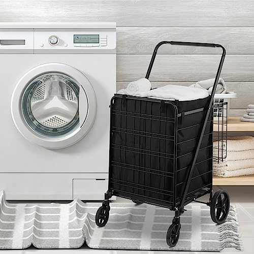 VEVOR Folding Shopping Cart with Removable Waterproof Liner, 330LBS Large Capacity Jumbo Grocery Cart with Dual Basket, 360° Swivel Wheels, Dense Metal Mesh Base, Heavy Duty Utility Cart for Shopping - size: Jumbo