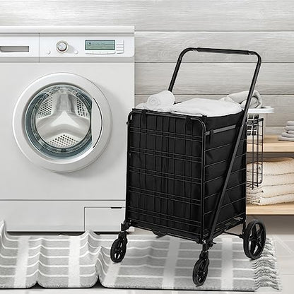 VEVOR Folding Shopping Cart with Removable Waterproof Liner, 330LBS Large Capacity Jumbo Grocery Cart with Dual Basket, 360° Swivel Wheels, Dense Metal Mesh Base, Heavy Duty Utility Cart for Shopping - size: Jumbo