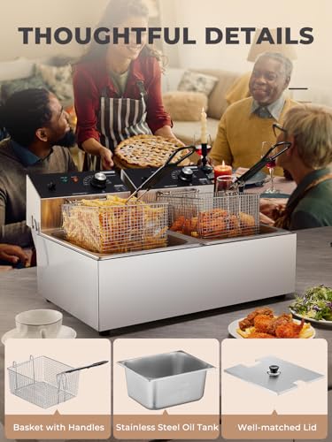 HOUSNAT Commercial Deep Fryer with Basket, 3400W 20.7QT/19.6L Electric Deep Fryer with 2 x 6.35 QT Removable Baskets, Stainless Steel Countertop Fryer for Restaurant or Home Use