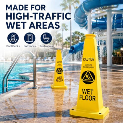 BESEA Wet Floor Sign 3 Pack, 36 Inch Heavy Duty Weighted Caution Cones - color: Yellow, size: 36INCH With Caution Sign
