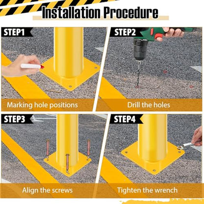 4 Pack 48" Removable Safety Bollards, Surface Mount Steel Parking Barriers w/High-Vis Yellow PVC Stripes, Forklift Protection Posts for Indoor/Outdoor Traffic Control