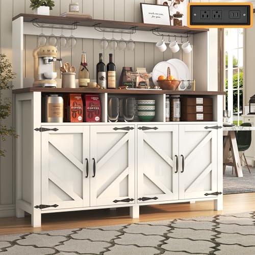 knoworld Buffet Sideboard with Storage Hutch with Power Outlet 4 Doors, Large Farmhouse Kitchen Storage Cabinet Wood Coffee Bar Cabinet with Cup Holder & Hooks for Kitchen, Dining Room,55"W White Rack
