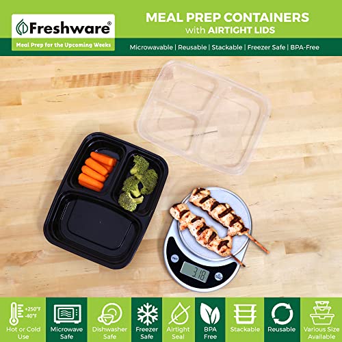 Freshware Meal Prep Containers with Lids [15 Pack] 3 Compartment, Food Storage Containers, Bento Box, BPA Free, Stackable, Microwave/Dishwasher/Freezer Safe (32 oz) - size: 3-COMP-32OZ-15PK