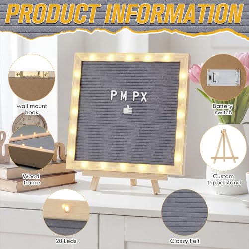 10 x 10 Inches Felt Letter Board & LED Light, Gray, Natural Wood - color: Gray, size: 10 x 10 Inches, style: Natural Wood