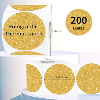 3" Holographic Direct Thermal Label Stickers, Round Printable Rainbow Glitter Thermal Printer Sticker Labels for Gift Wrapping, Self-Adhesive DIY Custom Logo Design- Shiny Gold - color: Holographic Shiny Gold, size: 3 inch