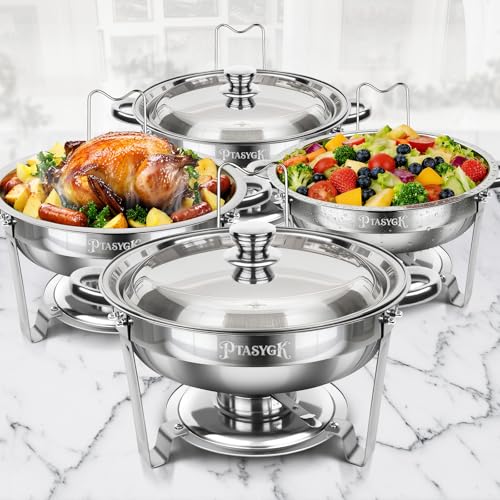 Round Chafing Dishes Buffet 4 Pack 5QT Silver Stainless Steel Lid - size: Silver-4 PACK