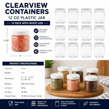 12 Pack - 12 oz (1.5 Cup) Plastic Storage Jars with 70-450 Leak Proof White Lid, Food Grade, BPA Free, Hand Wash Only (12oz, 12pk) - size: 12oz, 12PK White