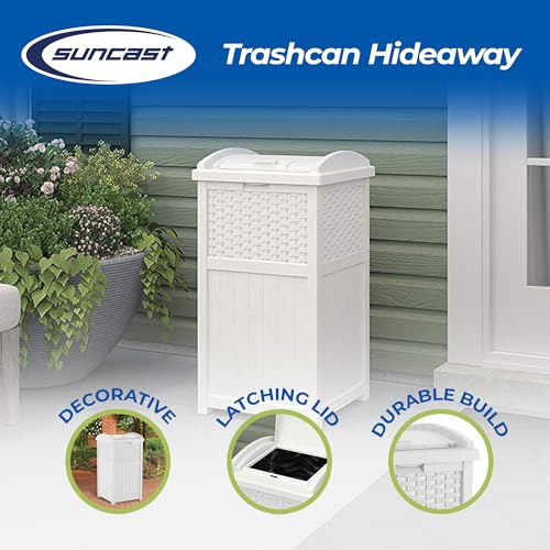 Suncast Hideaway Outdoor Trash Can with Lid - 30 Gallon Trash Can, White, Decorative Wicker-Style Garbage Bin, Weather-Resistant Resin, Fits 30-33 Gallon Bags, Ideal for Patio & Yard, Made in USA - color: White