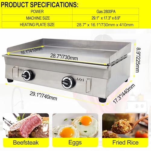 TECHTONGDA LPG Gas Countertop Flat Top Griddle Commercial Stainless Steel Griddle Grill Hot Plate BBQ Teppanyaki Grill with Adjustable Temperature Control for Restaurant Kitchen 2800Pa 28.94x16.14 in - size: 28.94"*16.14" # 134223