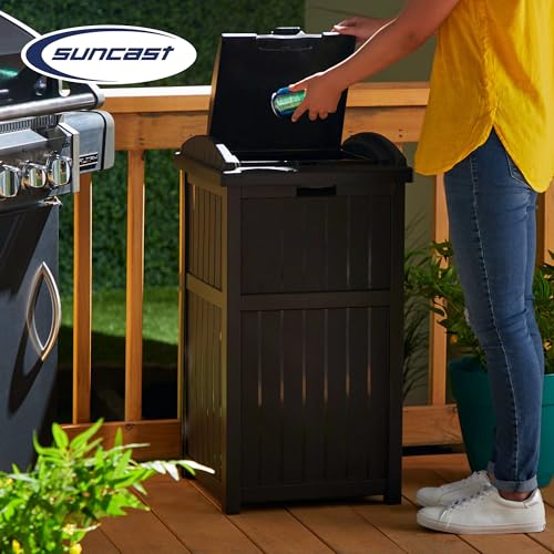 Suncast Trash Hideaway Durable Plastic Outdoor Garbage Waste Trash Can with Lid for 30 to 33 Gallon Trash Bags, Java Brown (2 Pack)