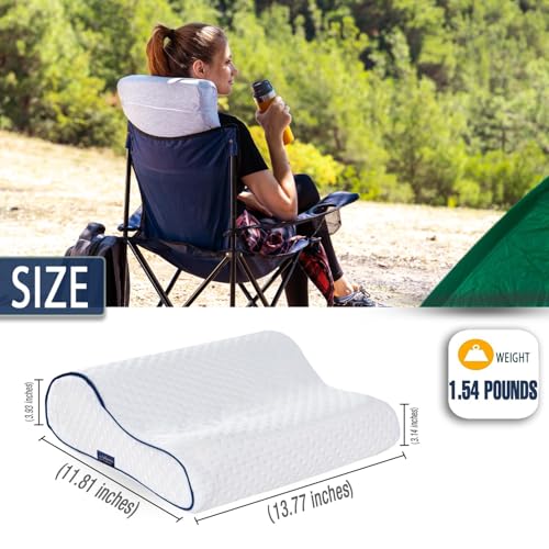 alkamto Travel & Camping Comfortable Memory Foam Pillow – Easy to Carry Portable Bag – Temperature Regulating Pillow Case - size: 13.7 x 11.8 x 3.9 / 3.14 In - White + Extra Cover