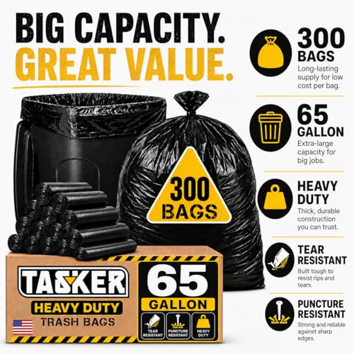 TASKER 300 Bags, 64-65 Gallon Trash Bags Heavy Duty, Large Black Garbage Bags, Wide Mouth Trash Can Liners for 60, 64, 65 and 70 Gallon Cans to Fit Toter Cart Liners for Outdoor Lawn Yard Cleanup - size: 300 Count (Pack of 1)