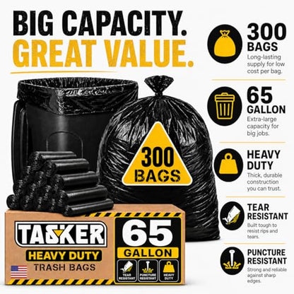 TASKER 300 Bags, 64-65 Gallon Trash Bags Heavy Duty, Large Black Garbage Bags, Wide Mouth Trash Can Liners for 60, 64, 65 and 70 Gallon Cans to Fit Toter Cart Liners for Outdoor Lawn Yard Cleanup - size: 300 Count (Pack of 1)