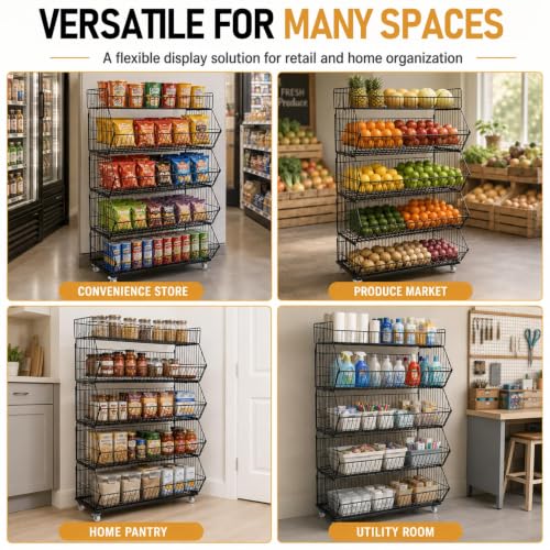 5 Tier Snack Rack Display Stand with Wheels, Rolling Retail Display Rack