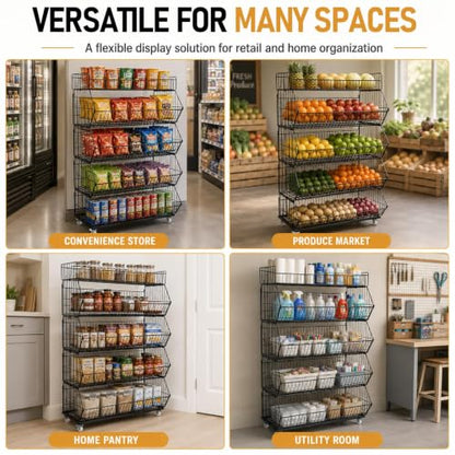 5 Tier Snack Rack Display Stand with Wheels, Rolling Retail Display Rack