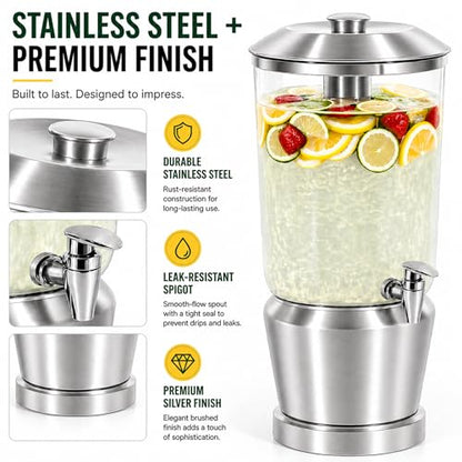Drink Dispenser with Ice Chambers, Lemonade Tea Water Dispenser with Spigot, Stainless Steel Beverage Jar Jug, Perfect for Home Parties, Weddings, Gifts & Events (Silver, 3, Gallons) - color: Silver
