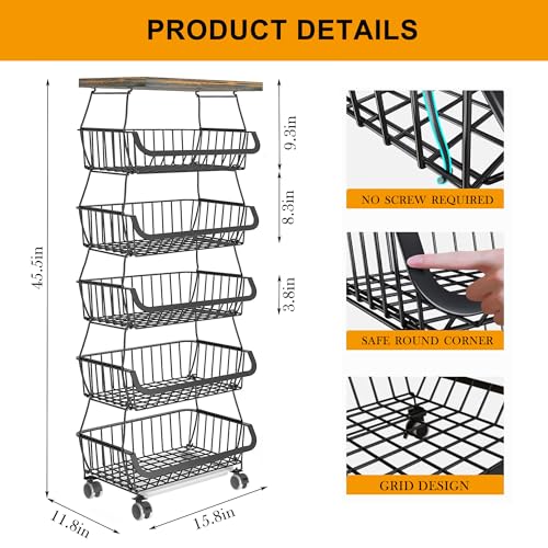 BEEY Metal Storage Baskets with Wheels, Metal Wire Market Basket Storage Organizer Cart Rolling Stackable Storage Bins for Kitchen,Pantry,Bedroom (Black W/Tabletop, 6 Tier) - color: Black W/Tabletop, size: 6 Tier