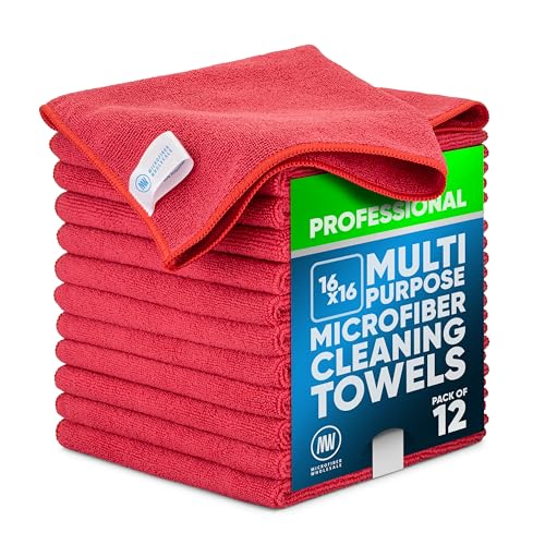 MW Pro Microfiber Cleaning Cloth | Red (12 Pack) | Size 16" x 16" | All Purpose Microfiber Towels - Clean, Dust, Polish, Scrub, Absorbent - color: Red