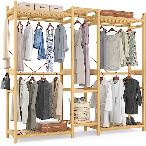 Homykic Bamboo Clothing Rack with 7 Shelves, 5 Hang Rods, 70” Wide, Natural - color: Natural, size: III Large