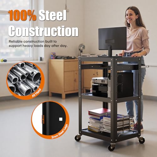 AV Presentation Cart Stand for Video Projector,TV,Laptop Computers,Printers,Metal Construction Rolling Cart with Adjustable Shelves,4 Wheels,4 Outlets, 5.75ft Cord,Support 300 lbs,Black - style: AV Cart with Keyboard Tray（M-AV-J）