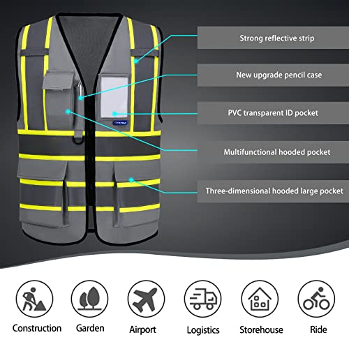 AYKRM Security Vest for Men Women 7 Pockets High Visibility Reflective Safety Vest Front Zipper Meets ANSI/ISEA - color: Grey-manage, size: 8X-Large