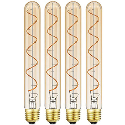 Leools Vintage LED Spiral Filament Bulb T10, 8.9inch Long Tubular Dimmable Edison Light Bulbs,E26 Base,Amber Glass,Warm White,2200K, 400LM(40W Equivalent), Pack of 4 - style: 8.9in(225mm)
