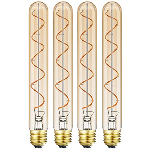 Leools Vintage LED Spiral Filament Bulb T10, 8.9inch Long Tubular Dimmable Edison Light Bulbs,E26 Base,Amber Glass,Warm White,2200K, 400LM(40W Equivalent), Pack of 4 - style: 8.9in(225mm)