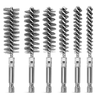 6 Pcs Stainless Steel Bore Brush Copper Pipe Cleaner, 6 Size Twisted Wire Cleaning Brush Set with 1/4 Inch Hex Shank for Cleaning Tubes Rust Bearings(8, 10, 12, 15, 17, 19mm)