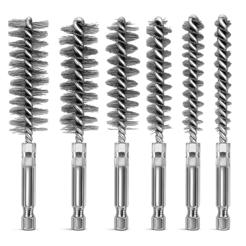 6 Pcs Stainless Steel Bore Brush Copper Pipe Cleaner, 6 Size Twisted Wire Cleaning Brush Set with 1/4 Inch Hex Shank for Cleaning Tubes Rust Bearings(8, 10, 12, 15, 17, 19mm)