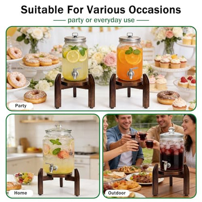 Drink Dispenser Stand Adjustable Width for 5-Gal Jugs & Beverage Jars with Round Flat Tray - Sturdy Walnut Holder for Water Coolers, Plant Pots (Walnut wood color)