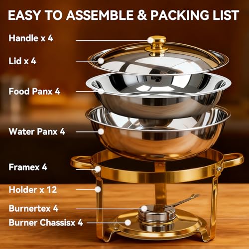 4-Pack Chafing Dish for Buffet Set, 6QT Round 304 Stainless Steel Complete Buffet Warmer – Includes Lids, Water Pans, Folding Stands & Clips for Catering, Events, Parties,Gold - color: Silver + Golden