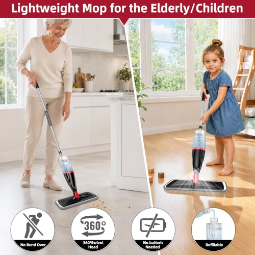 Spray Mops for Floor Cleaning: Hardwood Floor Mop Wet Mop & 3 Washable Pads - color: Red/Black