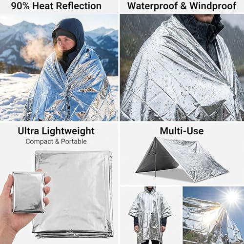 4 Pack Emergency Mylar Blanket, 82x62 in Reflective Aluminum Foil Survival Kit, Outdoor Camping Thermal Space Blankets for Hiking Bug Out Bag Marathons X-Sport Climb, Silver - color: Silver