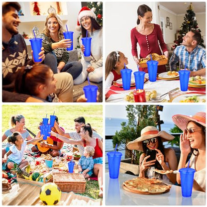 24 Pack Plastic Tumblers with Lids and Straws, Reusable Colorful Cups for Parties, Birthdays, Iced Coffee, Travel, Cold Drink Bulk Tumblers (24 oz, Dark Blue) - color: Dark Blue-24pcs