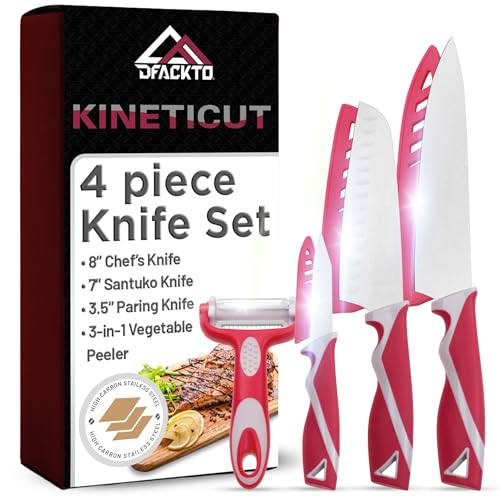 DFACKTO 4-Piece Kitchen Knife Set with Vegetable Peeler without Block – Stainless Steel Knives for Kitchen, Dishwasher Safe Cooking Knife Set with Covers, Sharp Cutting Knives for Cooking – Magenta - color: Magenta