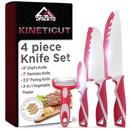 DFACKTO 4-Piece Kitchen Knife Set with Vegetable Peeler without Block – Stainless Steel Knives for Kitchen, Dishwasher Safe Cooking Knife Set with Covers, Sharp Cutting Knives for Cooking – Magenta - color: Magenta