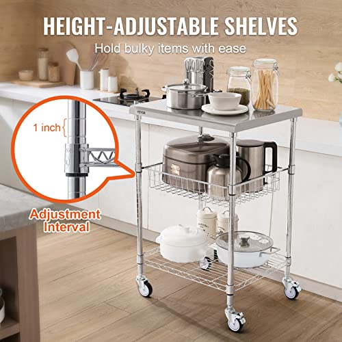 VEVOR Kitchen Utility Cart, 36.6"x20"x24" 3 Tiers Wire Rolling Cart, 470LBS Capacity Steel Service Cart with Brake Wheels, Storage Trolley with 76mm Basket PP Liner 6 Hooks, for Indoor & Outdoor Use - size: 24"D x 20"W x 36.6"H, style: Drawer Cart