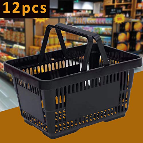 12 Pcs Shopping Baskets 20 L Plastic Shopping Baskets with Handles, Black Store Baskets Retail Baskets with Handles for Market Grocery Supplies Laundry Basket