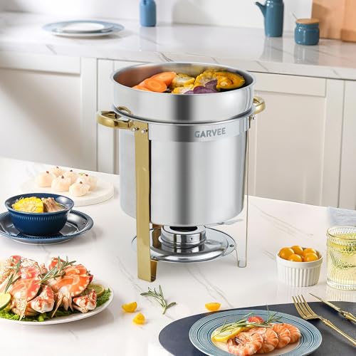 GarveeHome 11QT Round Soup Chafer Sets of 4, Commercial Soup Warmer with Pot, Notched Lids & Fuel Holders, Stainless Steel Food Warmer for Buffets Parties Wedding Banquets Catering, Gold - color: Gold, size: 11QT-4 Pcs