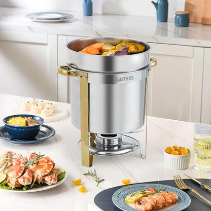 GarveeHome 11QT Round Soup Chafer Sets of 2, Commercial Soup Warmer with Pot, Notched Lids & Fuel Holders, Stainless Steel Food Warmer for Buffets Parties Wedding Banquets Catering, Gold - color: Gold, size: 11QT-2 Pcs
