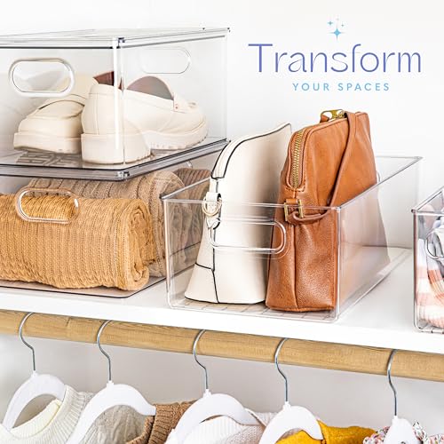 Plastic Food Storage 4 Pack Clear Container Bin with Handles for Organizing Kitchen, Pantry, Refrigerator, Freezer, Pantry, Cabinet, Closet, Bathroom. 14”x8”x5” - size: 14x8x5